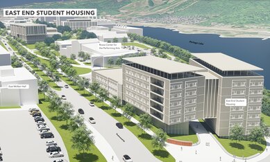 The plan outlines several enhancements to student life. A new 500-bed student dormitory transforms the east end of campus, creating a signature entry and enabling the university to move forward with its goal to expand undergraduate enrollment.